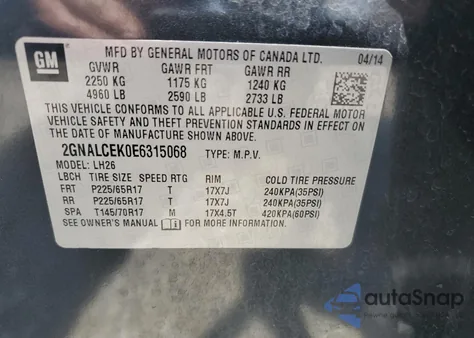 2014 Chevrolet Equinox Lt from USA, damaged, VIN 2GNALCEK0E6315068